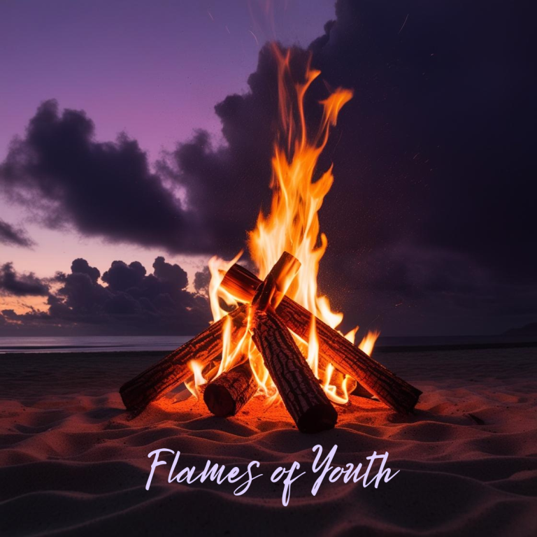 Lagerfeuer am Strand mit dem Schriftzug "Flames of Youth" im Vordergrund.