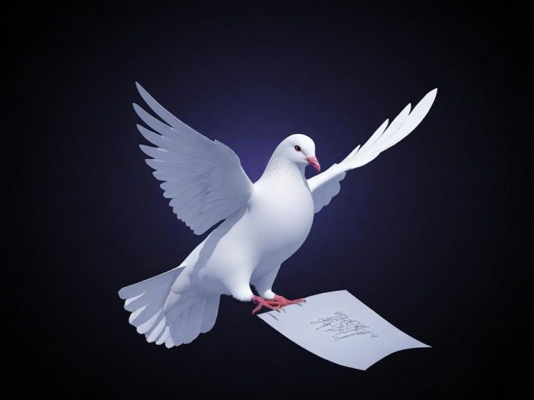 Eine fliegende Taube trägt ein Blatt Papier mit einer Nachricht.